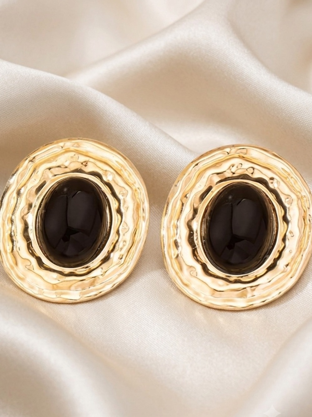 Vintage Oval Gold Earrings with Black Center